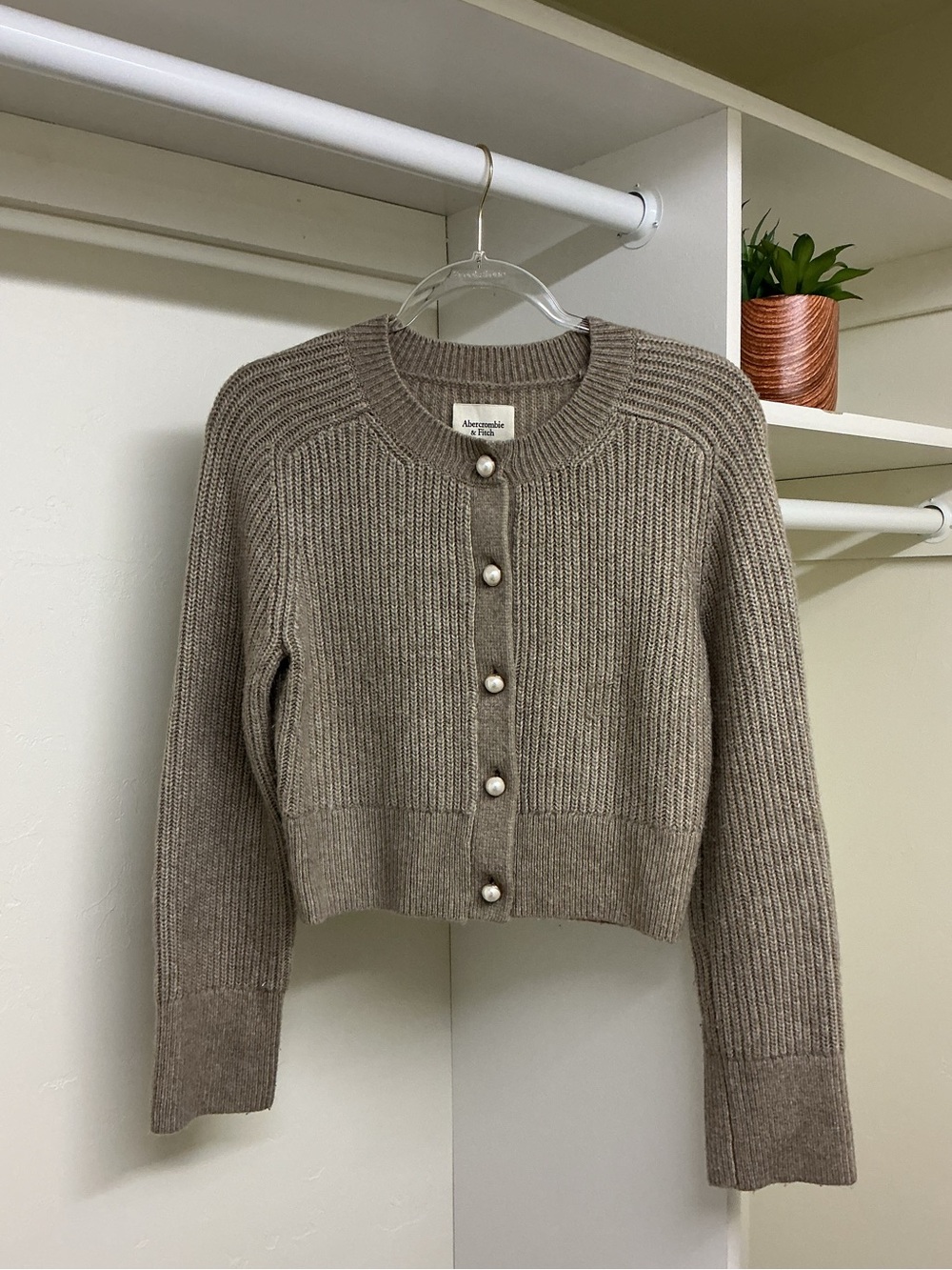 Abercrombie & Fitch Taupe Ribbed Pearl-Button Cropped Cardigan